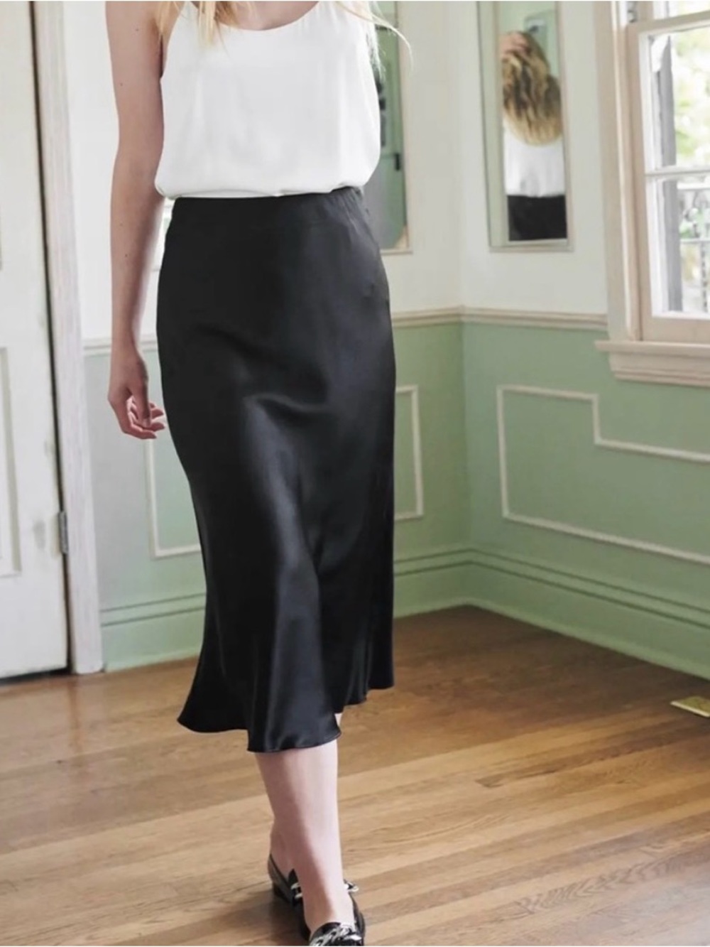 NWT Quince 100% silk Washable Silk Midi Skirt Black mulberry size XS